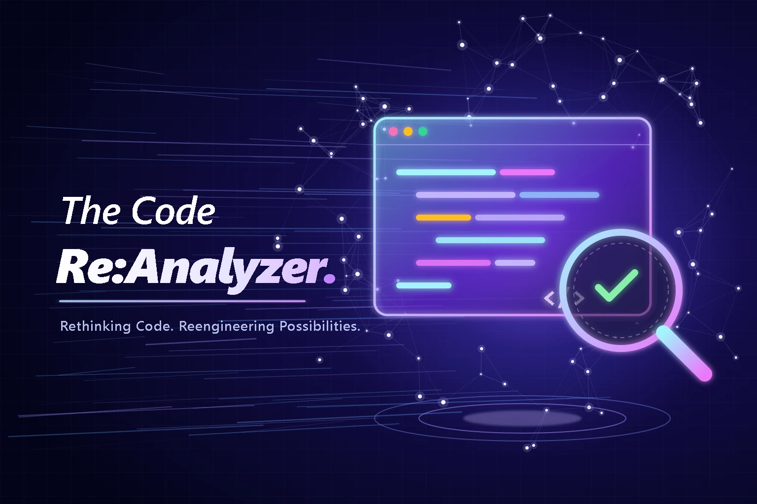 Code editor window under a magnifying glass with a green check mark, set in a glowing network