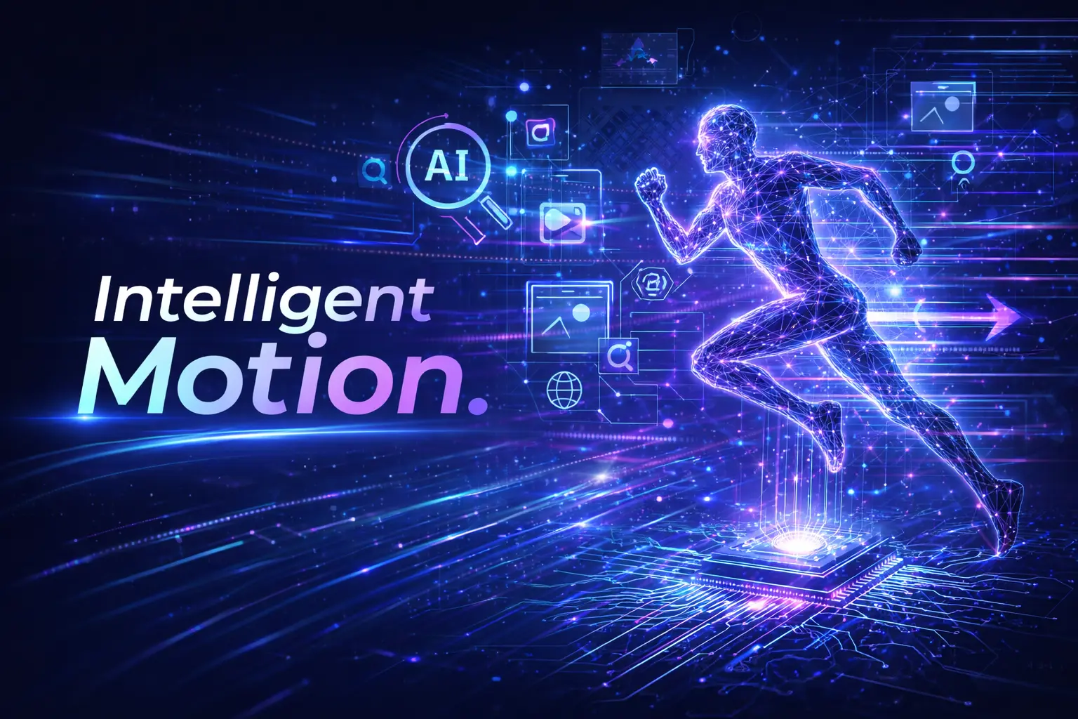 Glowing figure sprinting across a circuit board, surrounded by AI and digital interface icons
