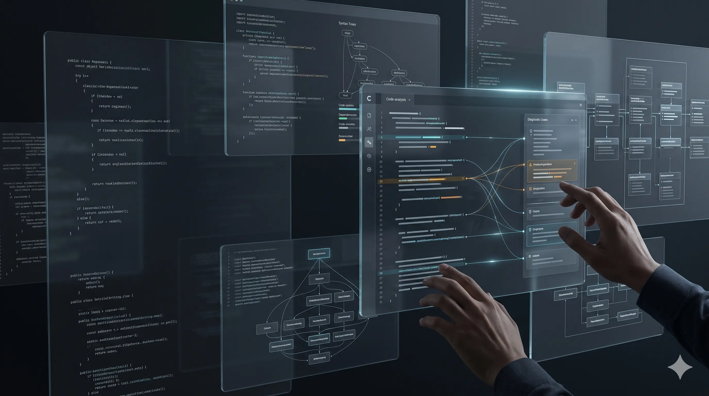 Engineer reviewing code analysis, syntax trees and dependency graphs on layered screens