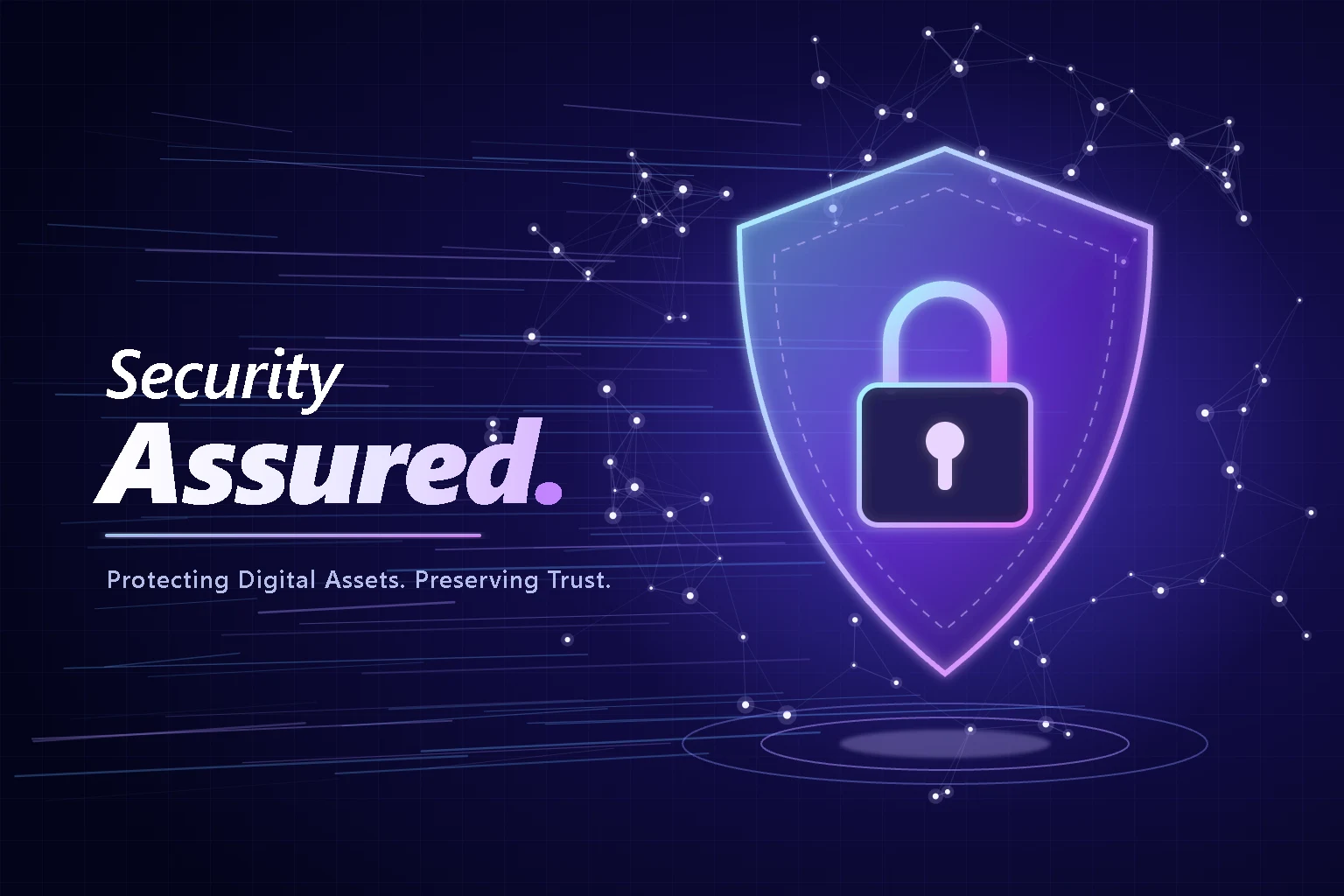Glowing shield with a padlock at the centre of a connected network